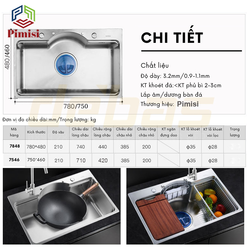 Chậu Rửa Bát INOX 1 Hố Lớn Pimisi Làm Từ Thép Không Gỉ SUS 304 Cao Cấp Kiểu Bán Nguyệt Ngăn To 1 Hố KT 7546 Và 7848, Kèm 1 Khay Bồn Rửa Chén Nhỏ Đơn Gác Bồn Sang Trọng Với Đầy Đủ Phụ Kiện Xi Phông Siêu To, Gắn Được Âm - Dương Bàn Đá Bếp | Hàng Chính Hãng