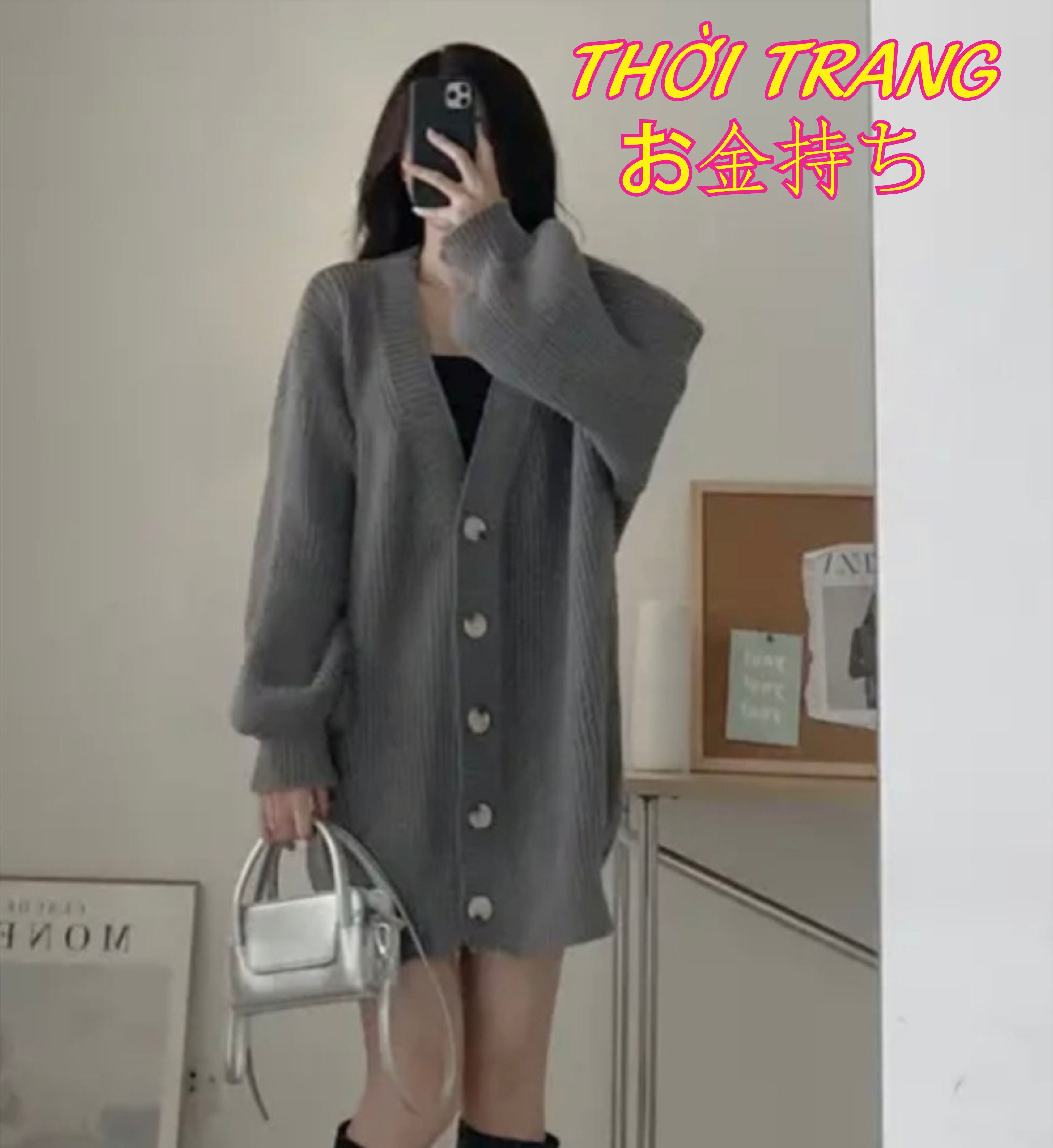 SẴN Áo khoác len cổ V cardigan có khuy 2 túi trước oversize trùm mông ulzzang thu đông 171