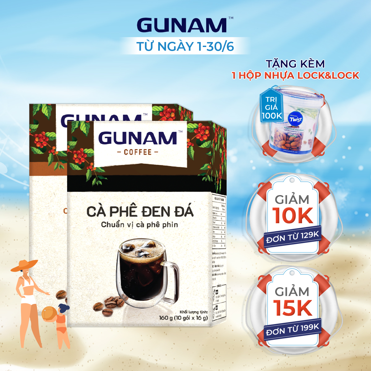 Combo Cặp Đôi Hoàn Hảo - cà phê hòa tan GUNAM đen đá (10 gói x 16g) + cà phê hòa tan GUNAM bạc sỉu (10 gói x 20g)