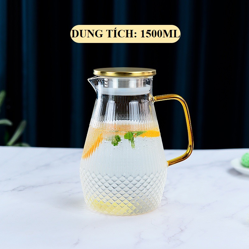 Bình nước thủy tinh chịu nhiệt kèm nắp Inox vàng 1500ml (Bình và Ly tách lẻ bán)