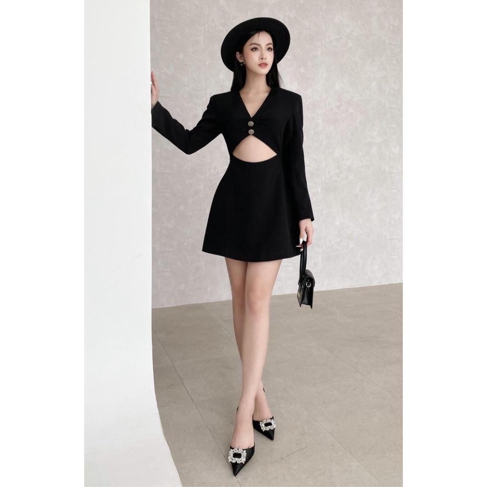 Đầm váy thiết kế sexy hở bụng 100% cotton đen tay dài cổ V xoè chữ A đi biển dự tiệc dạo phố rẻ đẹp bigsize