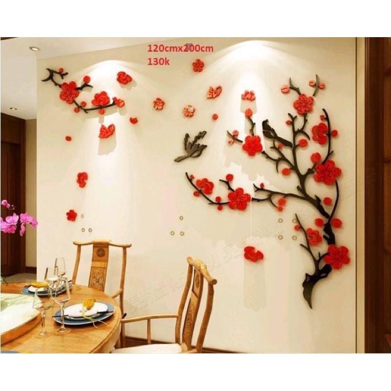 Decal dán tường mica 3D hoa đào