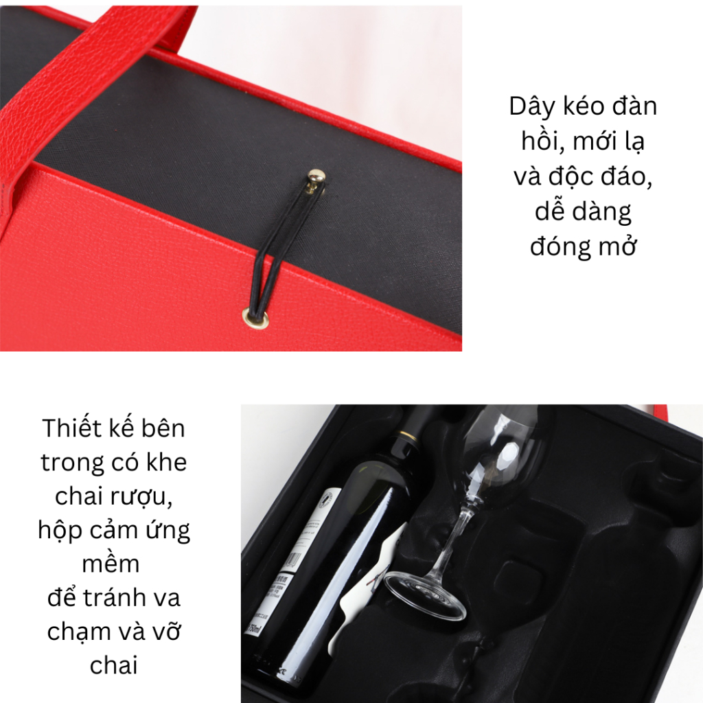Hộp da đôi đựng 2 chai rượu vang kèm 2 ly uống vang