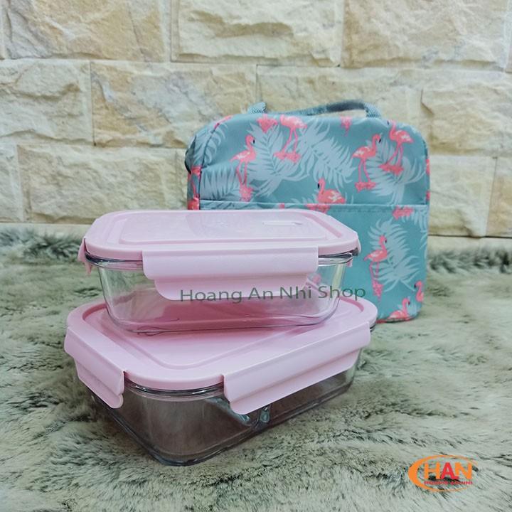 Bộ Hộp Cơm Văn Phòng Chất Liệu Thủy Tinh Cao Cấp Có Chia Ngăn Tiện Dụng - Tặng Kèm Túi Giữ Nhiệt Và Bộ Muổng Đũa