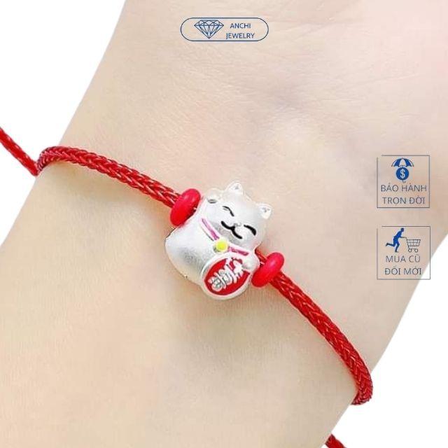 Vòng tay dây cước charm mèo thần tài, bạc ta dây 2mm may mắn, Anchi jewelry