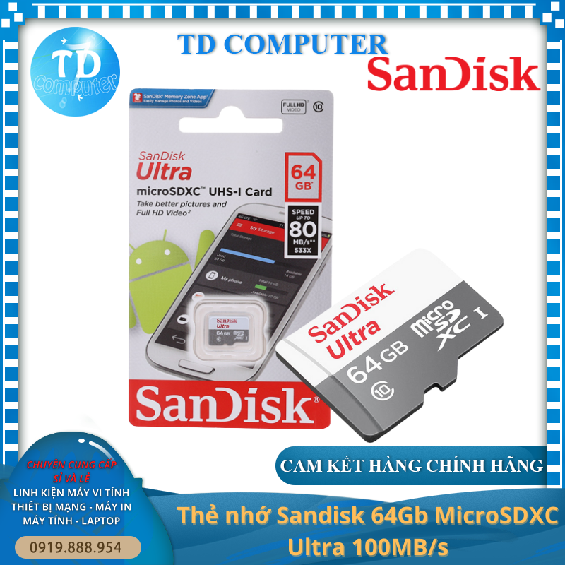 Thẻ nhớ Sandisk 64Gb MicroSDXC Ultra 100MB/s - Hàng chính hãng FPT phân phối
