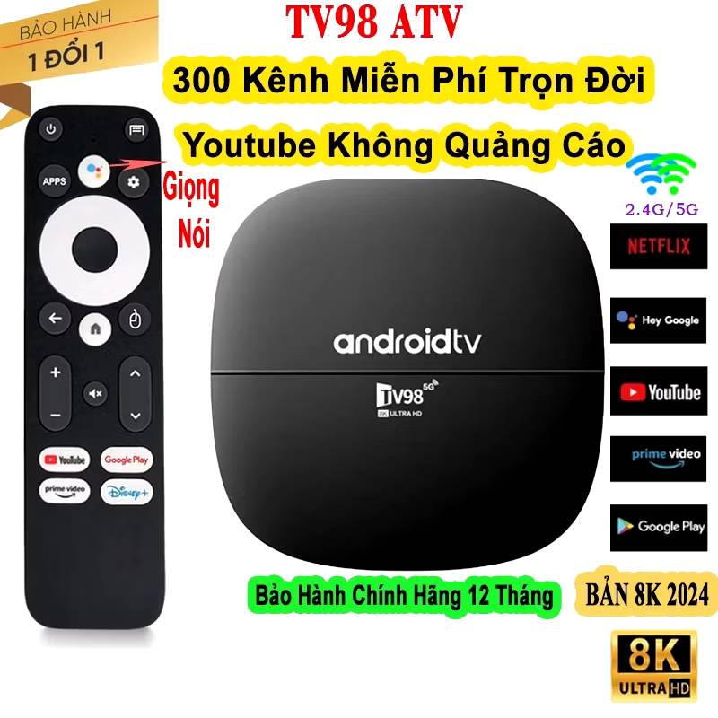 Box TV98 Pro Ram 8G+128G, Android 13.0, Bluetooth 4.1 Điều khiển giọng nói Tiếng Việt, xem 108 kênh truyền hình+Youtube, Hàng nhập khẩu