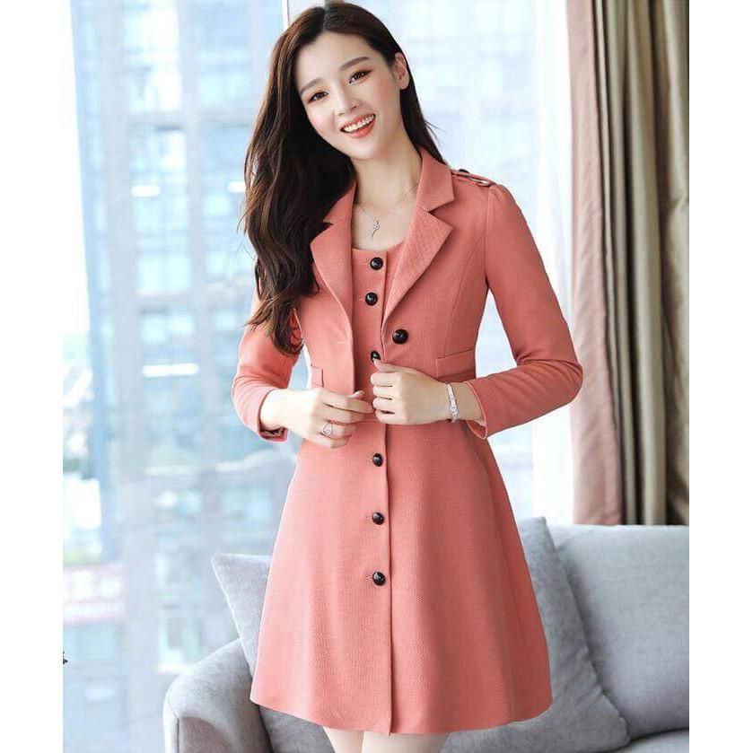 HOT Set áo vest đầm liền đính cúc tay phối ren DVNL21