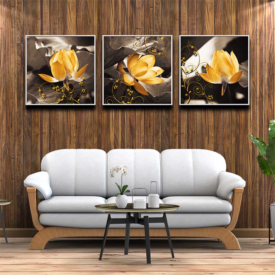 Bộ 3 tranh canvas treo tường Decor Họa tiết hoa sen vàng - DC184
