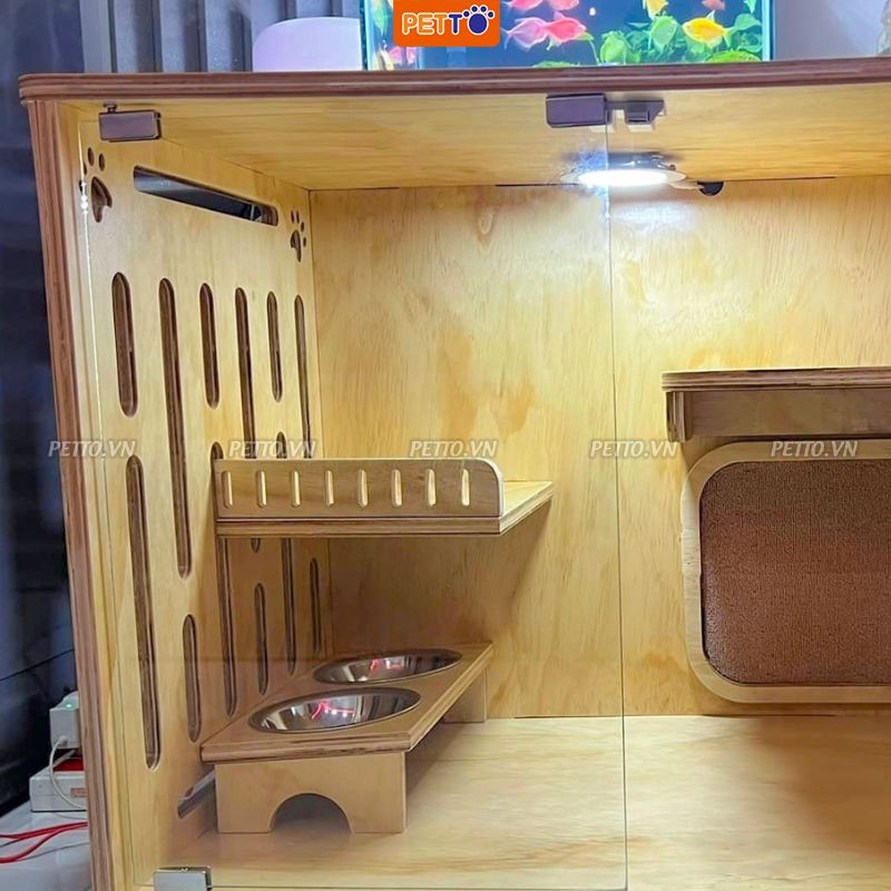 Tủ mèo bằng gỗ nhà mèo HIỆN ĐẠI kết hợp hệ thống ĐÈN LED sang trọng mang lại không gian sống tiện nghi CC014