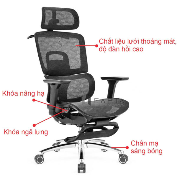 Ghế công thái học có gác chân màu đen CR4324-M Nội thất CAPTA Ghế ngồi làm việc tại nhà hỗ trợ cột sống lưng và mặt ngồi vải lưới khung tay ghế nhựa có gác chân thép mạ chrome
