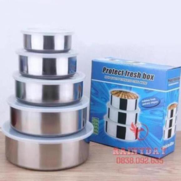 Bộ 5 hộp thố inox đựng bảo quản thực phẩm thức ăn trong tủ lạnh có nắp đậy silicon hút chân không