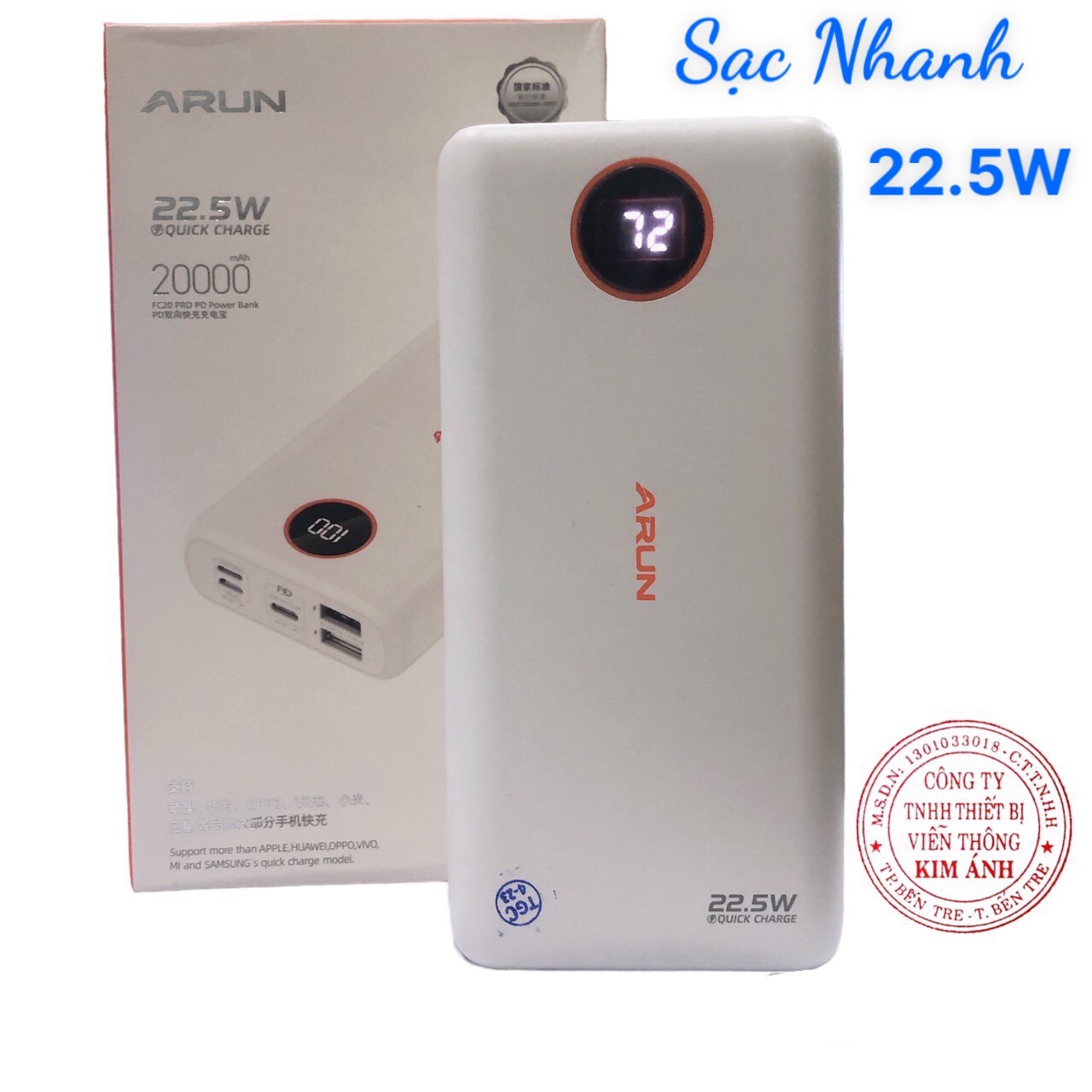 Sạc Dự Phòng Arun FC20P Pro 20000 mAh (PD 22.5W, QC3.0) Sạc Nhanh 2 Chiều Type C, Hàng chính hãng