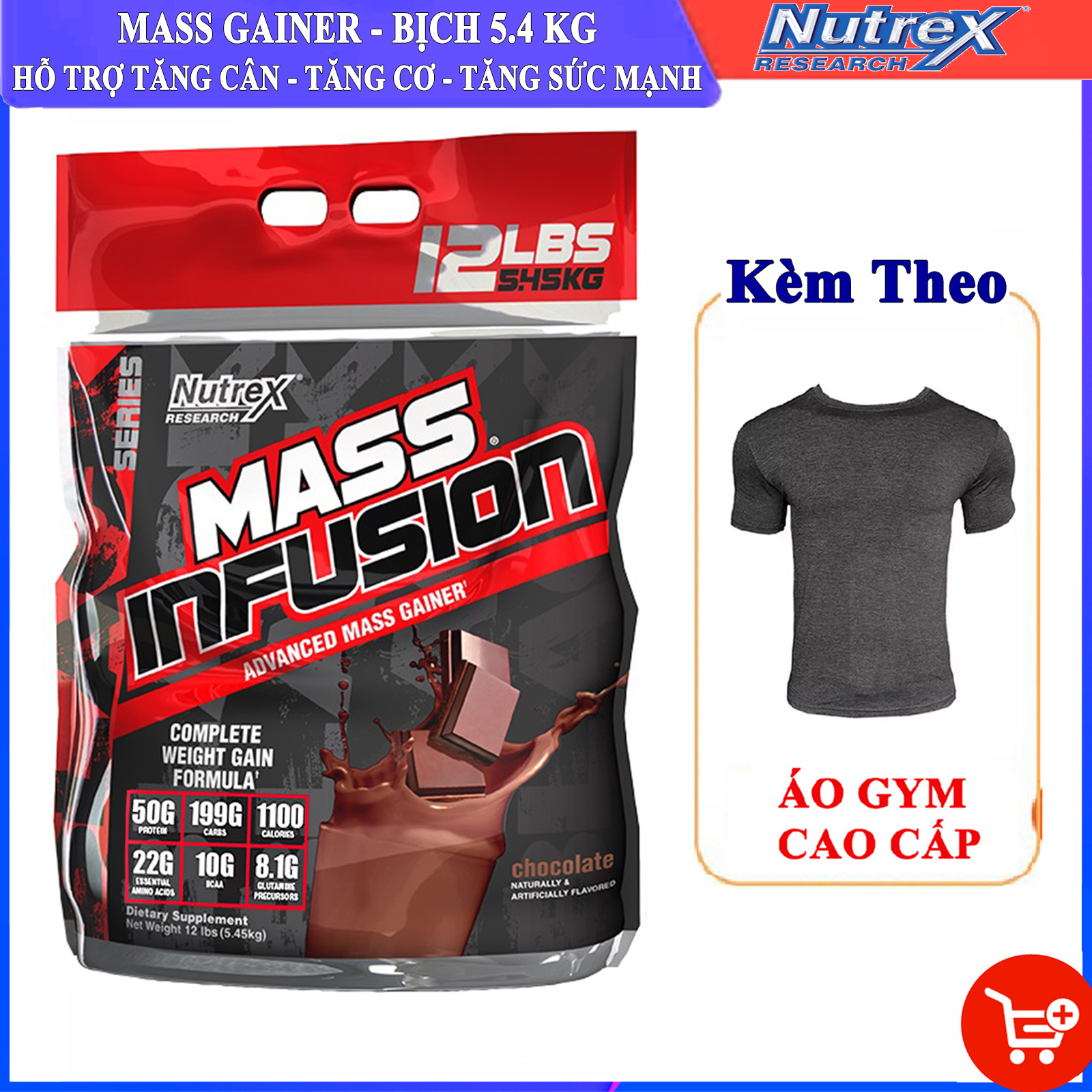 Combo Sữa tăng cân tăng cơ Mass Infusion của Nutrex bịch lớn 5.45 kg hỗ trợ tăng cân, tăng cơ, có enzim tiêu hoá cho người dị ứng lactose & Túi đeo chéo