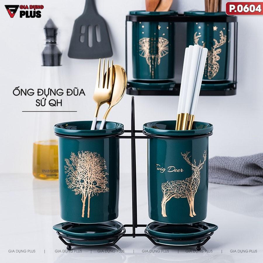 Hộp đựng đũa sứ, thìa, muỗng sứ dán tường &amp; đặt bàn - màu xanh ngọc lục bảo (xanh cổ vịt