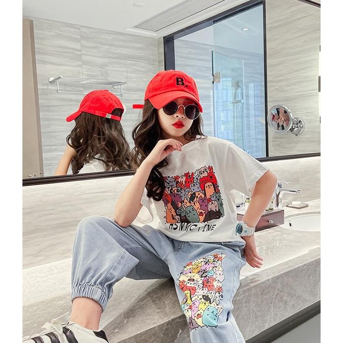 BV53 Size140-170 Đồ bộ bé gái, áo thun + quần jean Thời trang trẻ Em hàng quảng châui