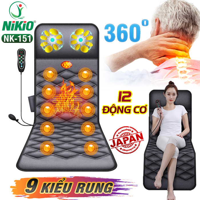 Nệm (Đệm) Massage Toàn Thân Nikio NK-151 - Con Lăn Xoa Bóp Cổ Vai Gáy, 10 Động Cơ Matxa Rung Toàn Thân, Kết Hợp Nhiệt Sưởi Và Túi Khí Nâng Đỡ Cột Sống, Hỗ Trợ Điều Trị Đau Nhức Lưng