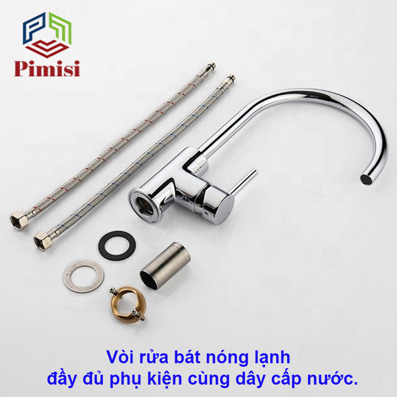 Vòi rửa chén nóng lạnh Pimisi đồng thau mạ xi Cr/Ni sáng bóng kiểu tròn cổ ngỗng tay gật gù và tặng kèm 2 sợi dây cấp nước dùng cho chậu rửa bát 1-2-3 hố trong nhà bếp - vòi nước rửa bát gắn chậu âm dương bàn đá quay 360 độ tăng áp | Hàng chính hãng