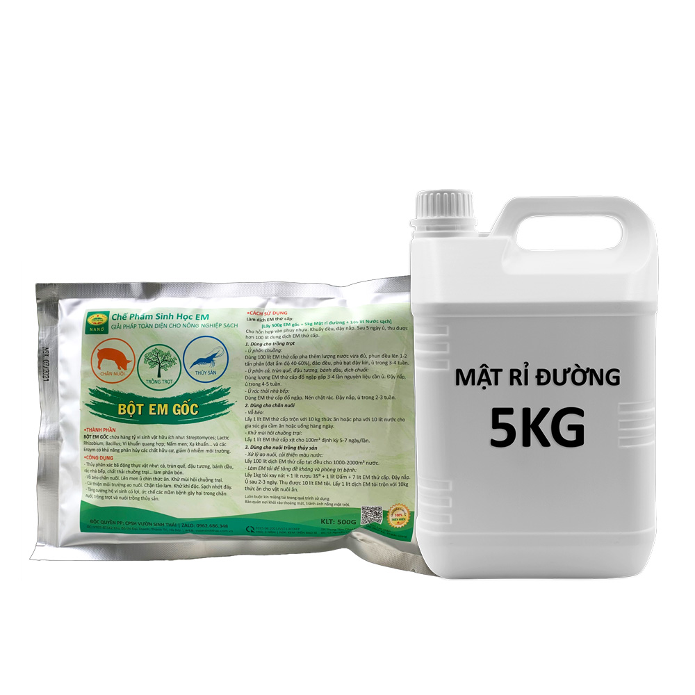 Combo 1 gói Chế Phẩm EM gốc và 5kg Mật Rỉ Đường chất lượng cao. Lên men vi sinh. Ủ rác bã hữu cơ làm phân bón. Khử mùi hôi chăn nuôi. Xử lý làm sạch ao nuôi Cá, Tôm
