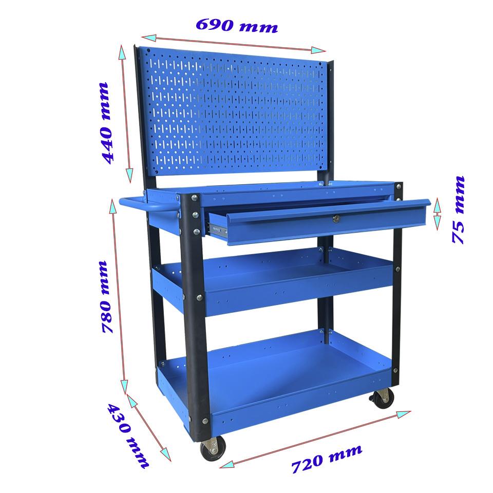 Xe đẩy 3 ngăn 1 hộc kéo vách lưới xanh dương