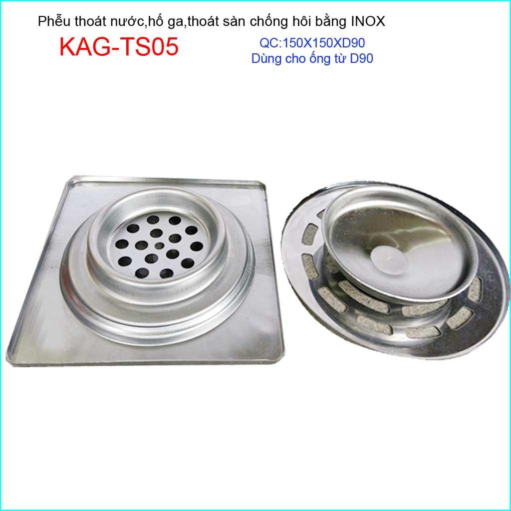 Phễu thoát sàn chống hôi KAG-TS05, ga thoát sàn vuông 15x15cm ống D90 nước thoát nhanh giá tốt sử dụng tốt