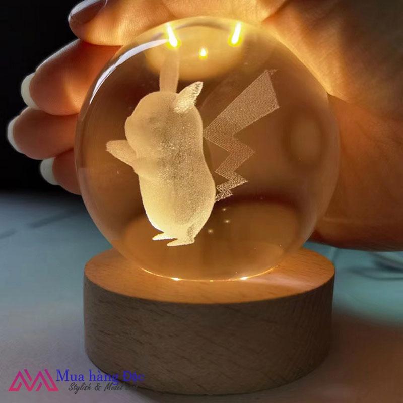 Bộ Quà Tặng Quả Cầu Pha Lê 3D larser LED hình pikachu