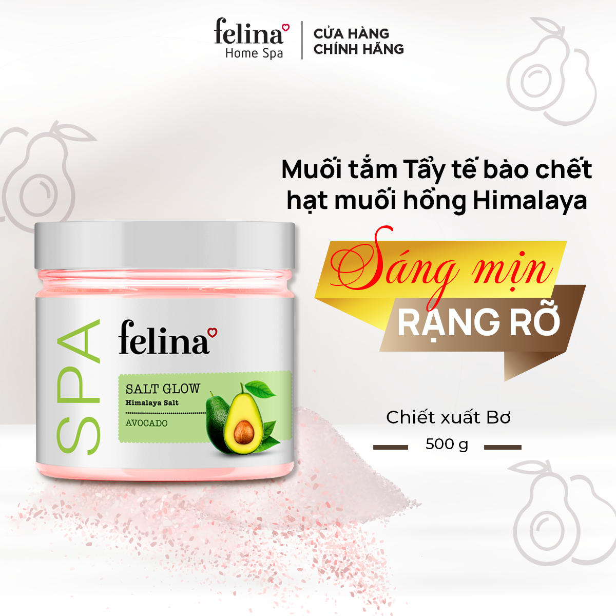 Muối tắm tẩy tế bào chết body Felina Home Spa 500g từ hạt muối hồng Himalaya thanh khiết giúp da sạch sâu, sáng mịn