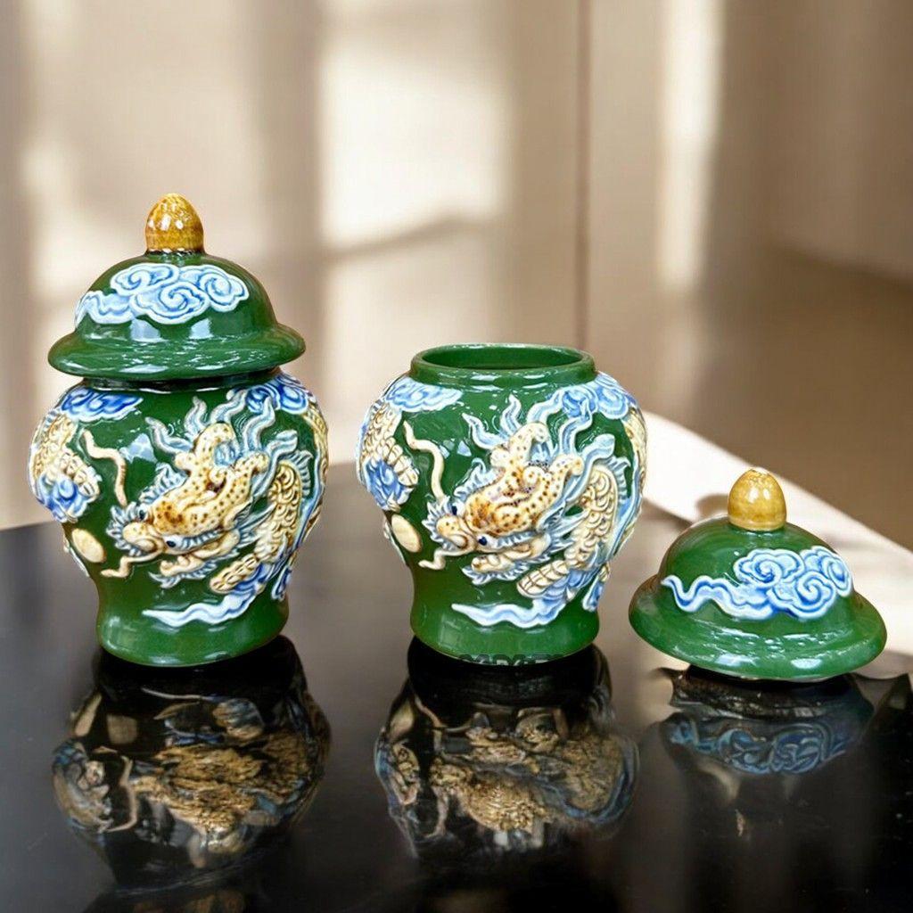 Chóe Thờ Bát Tràng Men Xanh Lá Đắp Nổi RỒNG VIỆT– Đựng Gạo Muối Nước Thờ Gia Tiên, Thần Tài