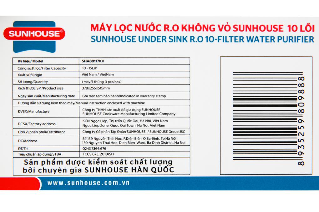 Máy lọc nước RO không vỏ Sunhouse SHA88117KV 10 lõi - Hàng chính hãng - Giao hàng toàn quốc