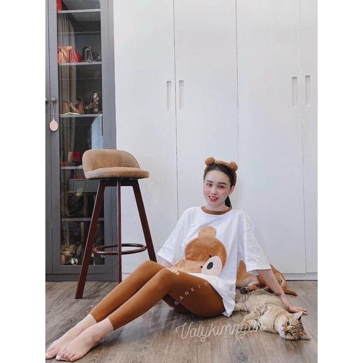 Sét bộ nữ áo thun from rộng ngắn tay in hình gấu dễ thương phối quần dài ôm body siêu tôn dáng thời trang nữ dạo phố