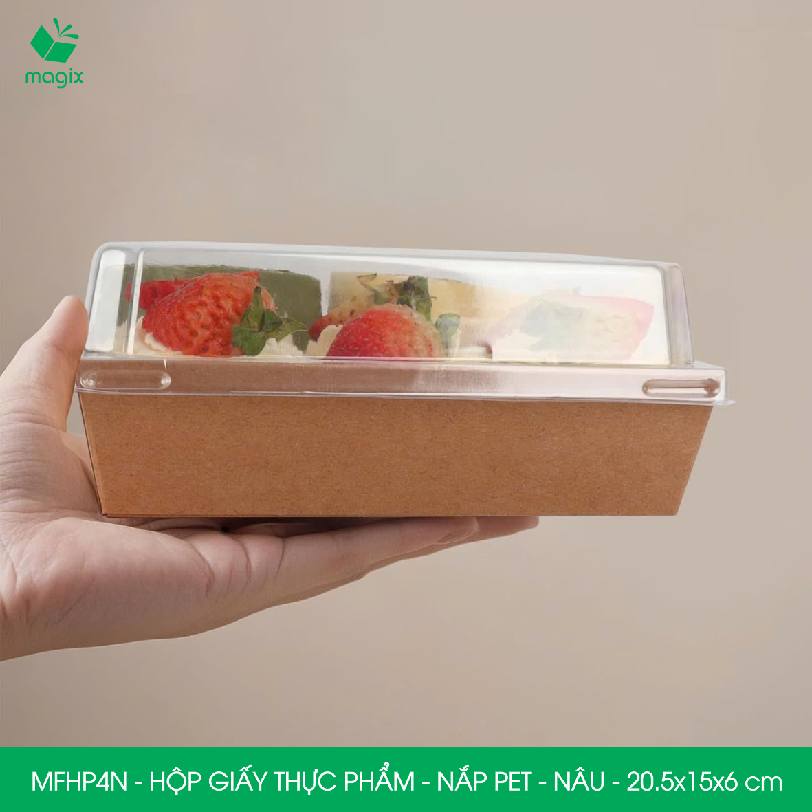 MFHP4N - 20.5x15x6 cm -100 hộp giấy kraft thực phẩm màu nâu nắp Pet, hộp giấy chữ nhật đựng thức ăn, hộp bánh nắp trong