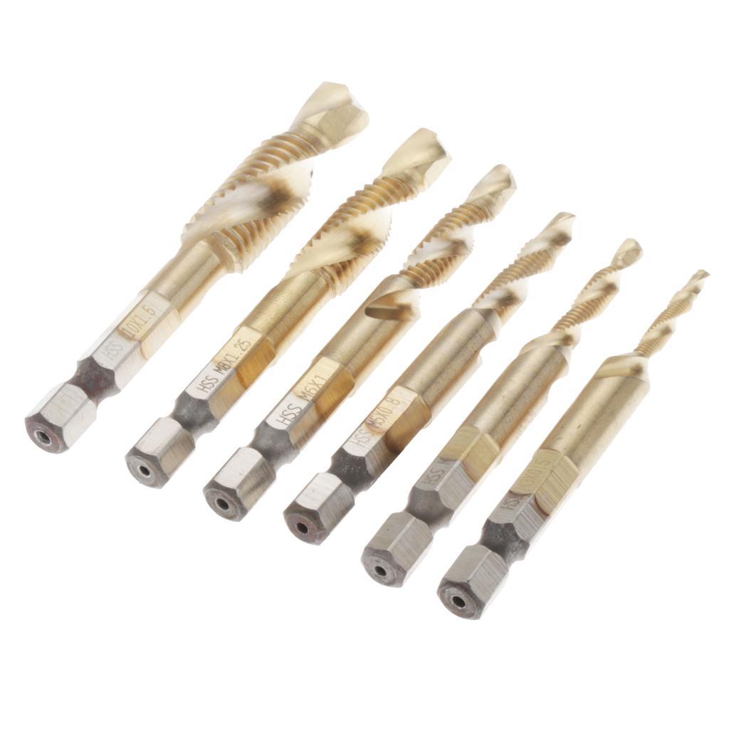 Set of 6 HSS Steel Combination Drill and Tap Bit Set with 1/4 inch Hex Shank - Metric M3 M4 M5 M6 M7 M8 M10