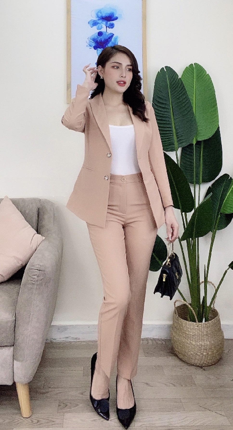 Set Vest Công Sở Tay Dài 2 Nút Form Blazer Sang Trọng