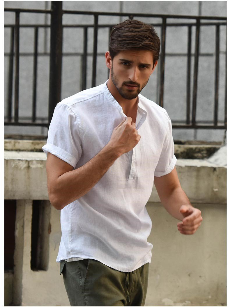 Áo sơ mi linen dành cho  nam, trơn cổ trụ, sơ mi hàn quốc Haint Boutique, form vừa