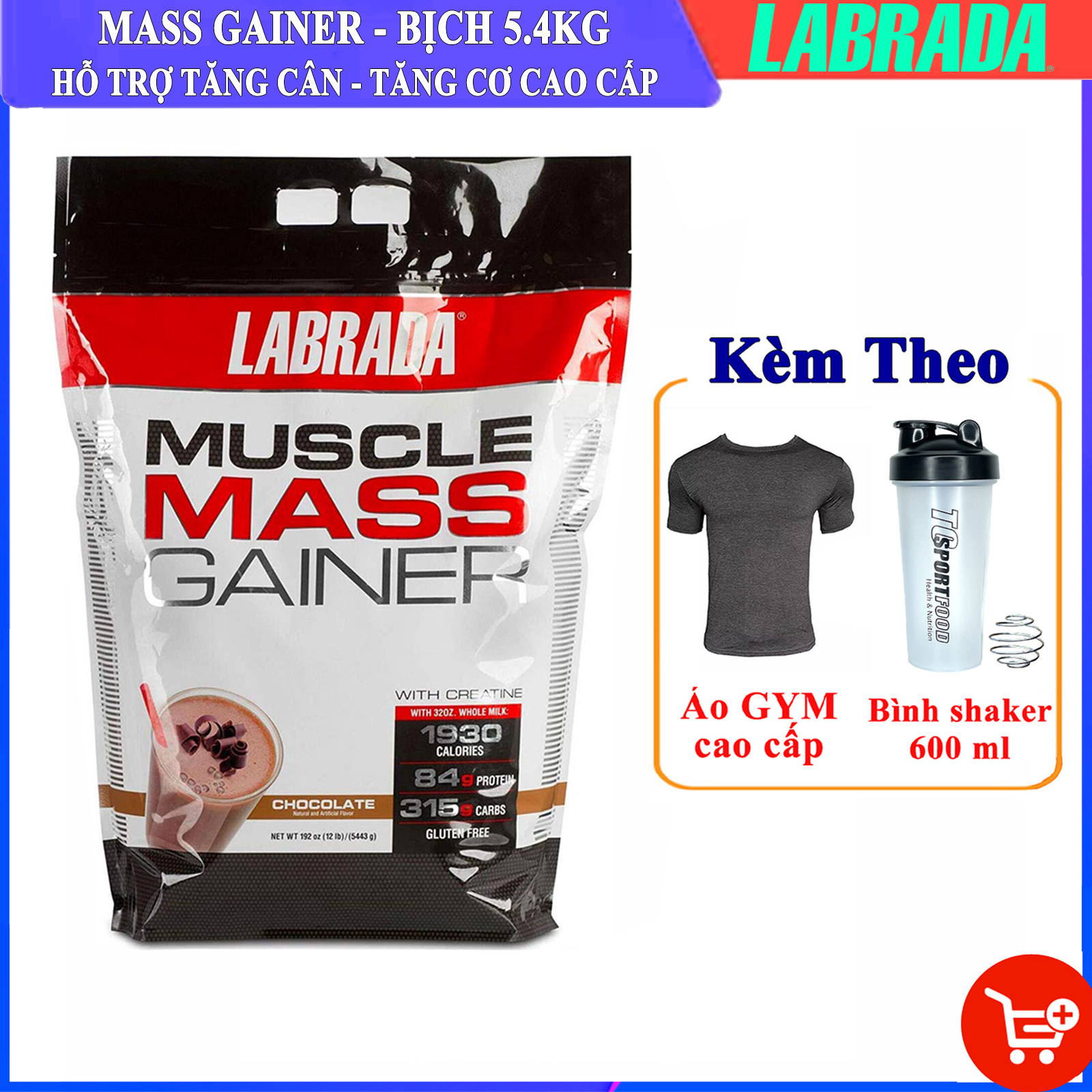 Combo Sữa tăng cân tăng cơ Muscle Mass Gainer của Labrada hương Chocolate bịch 5.4 kg hỗ trợ tăng cân, tăng cơ nạc cho người gầy kén ăn, khó hấp thụ thức ăn tự nhiên & Bình lắc 600 ml (Màu Ngẫu Nhiên) & Áo Gym size M