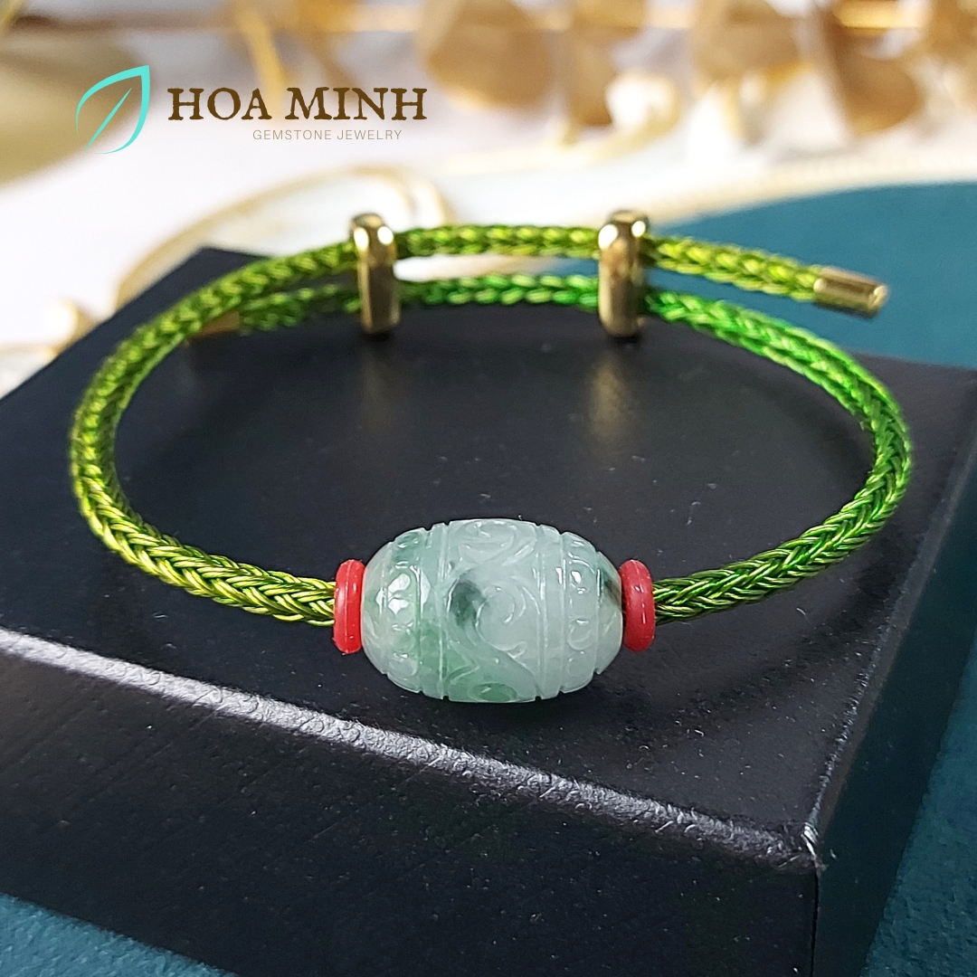 Vòng dây cáp phối lu thống Cẩm Thạch hoa bay chạm vân mây size 12x17mm phong thủy may mắn