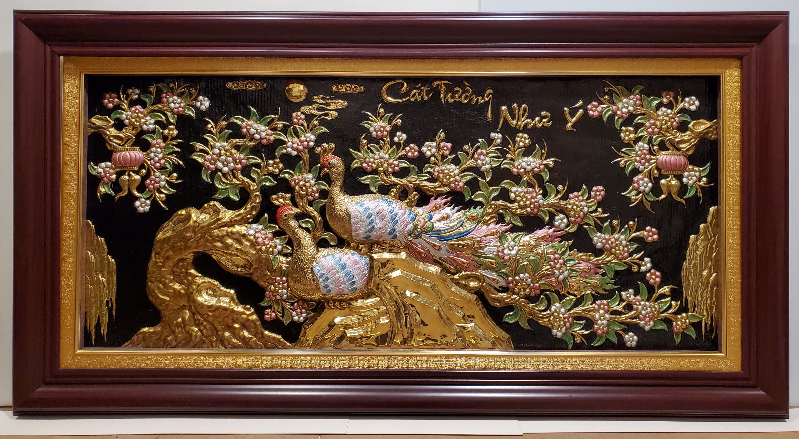 Tranh đồng vàng liền tâm nguyên chất- Đôi Chim Công -A060