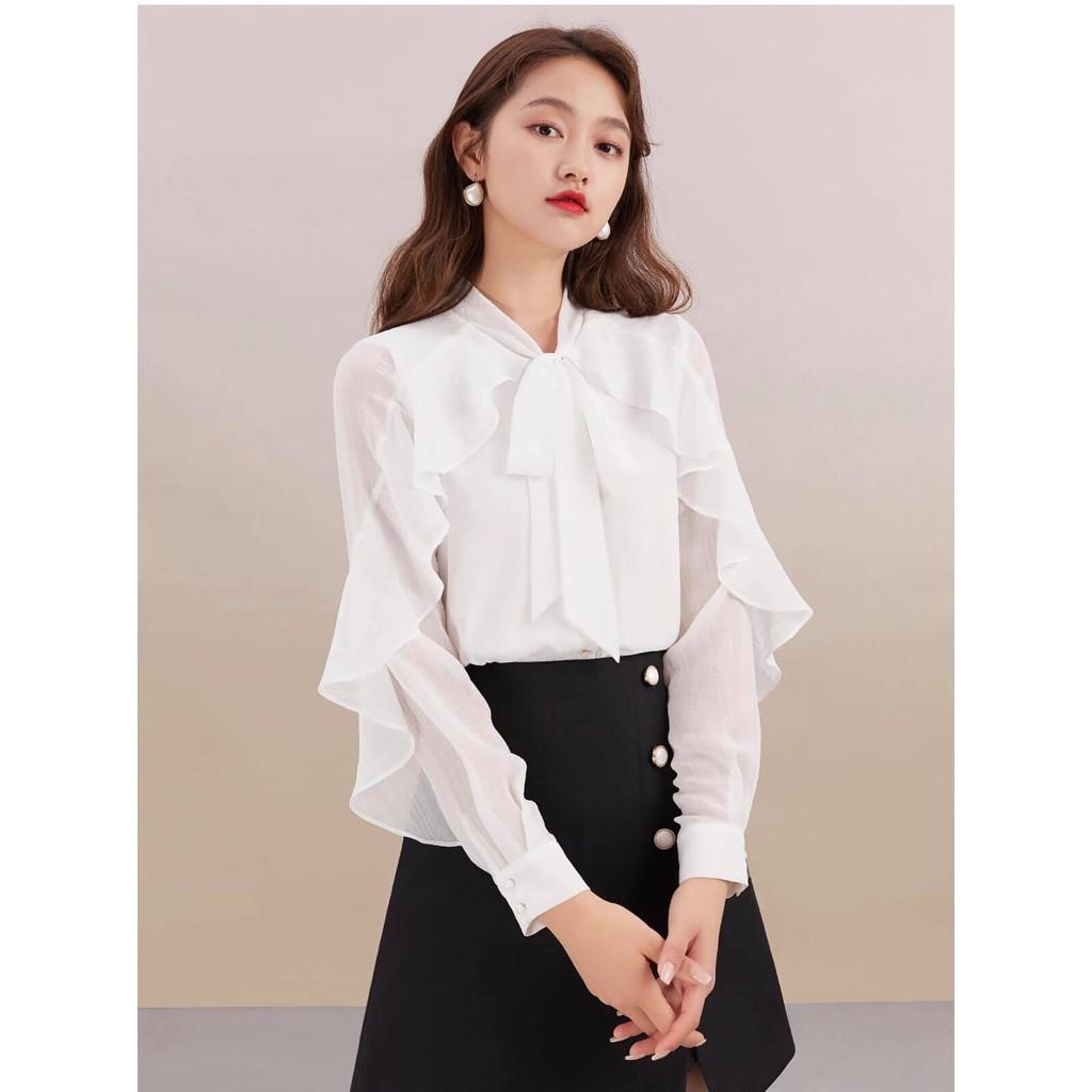 Áo sơ mi trắng nữ thiết kế cổ nơ phối tay bèo size S M L