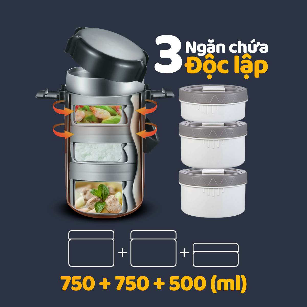 Bộ Hộp Cơm Giữ Nhiệt 2GOOD Lunch Box HC02 (2000ml) - Kèm Muỗng và Đũa Inox 304