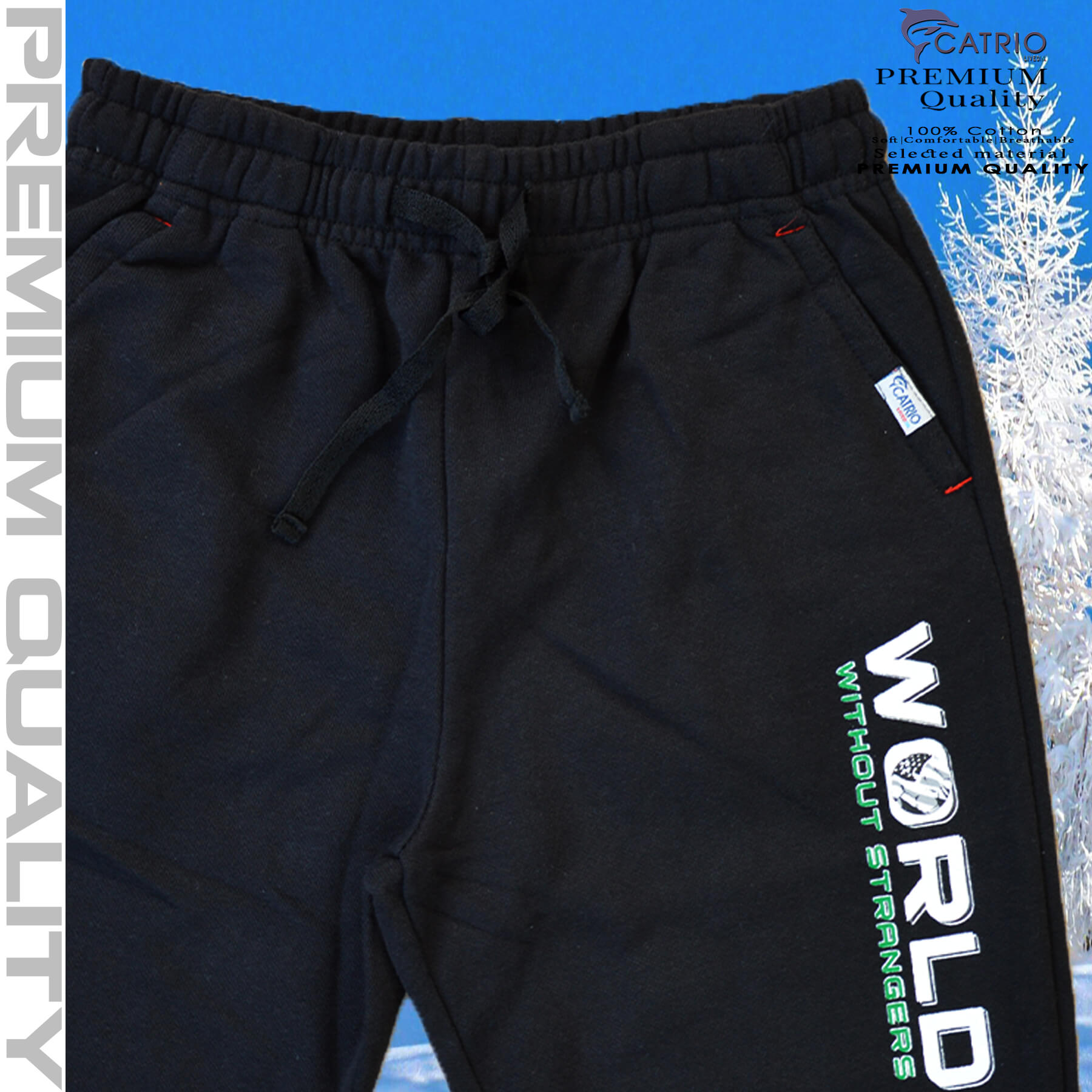 Quần thun dài bé trai vải 100% cotton in WORLD màu ĐEN là quần nỉ trẻ em CATRIO từ 9 tuổi đến 18 tuổi phù hợp thời tiết se lạnh mùa thu đông với kiểu dáng thể thao tuyệt đẹp
