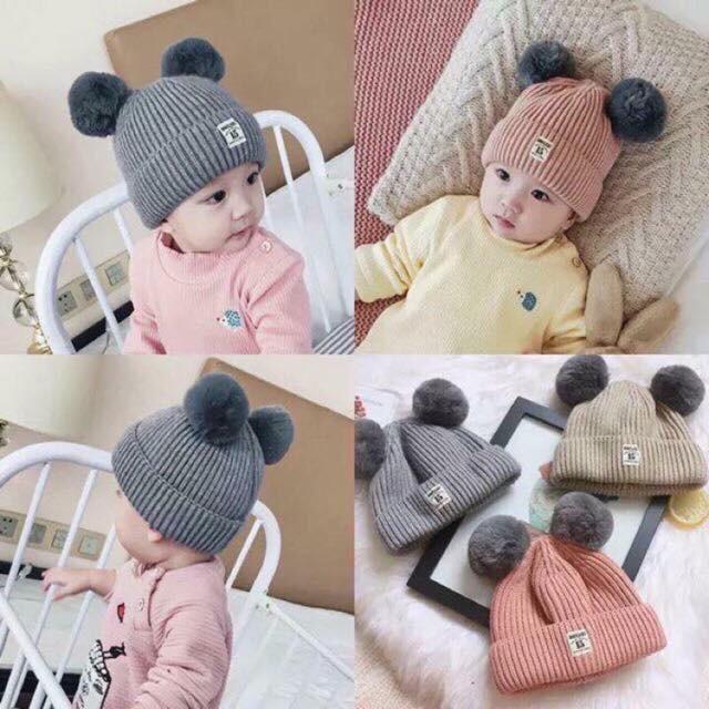 Mũ len hai quả bông dày dặn, ấm áp và dễ thương cho bé, nón len 2 quả bông kiểu dáng Hàn Quốc cho bé