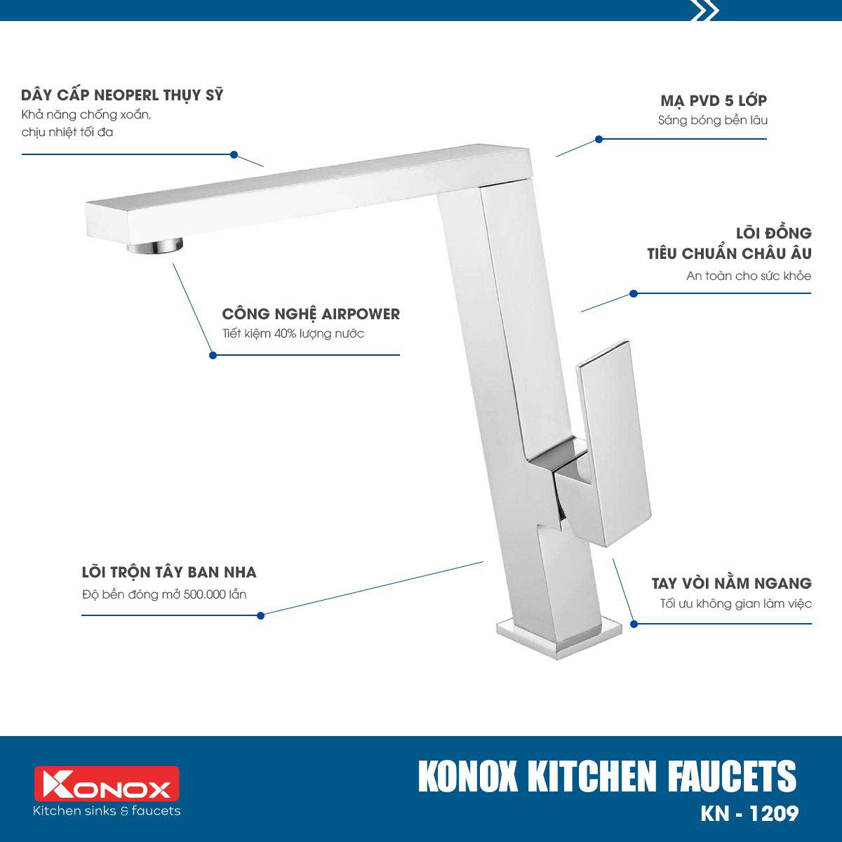 Vòi rửa bát Konox, Model KN1209 , Inox 304AISI tiêu chuẩn châu Âu, mạ PVD 5 lớp sáng bóng, Hàng chính hãng