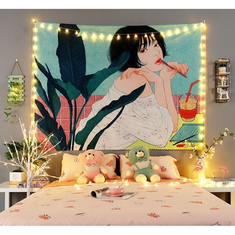 [Tặng kèm Đèn led + móc treo] Thảm treo tường trang trí phòng ngủ - Tranh vải decor vintage Kích thước 150x130 cm, 100x70cm