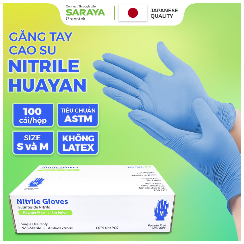 Găng Tay Cao Su Nitrile Huayan Không Bột Dùng Trong Thực Phẩm, Vệ Sinh (Huayan Disposable Nitrile Gloves) - 100 Chiếc/Hộp