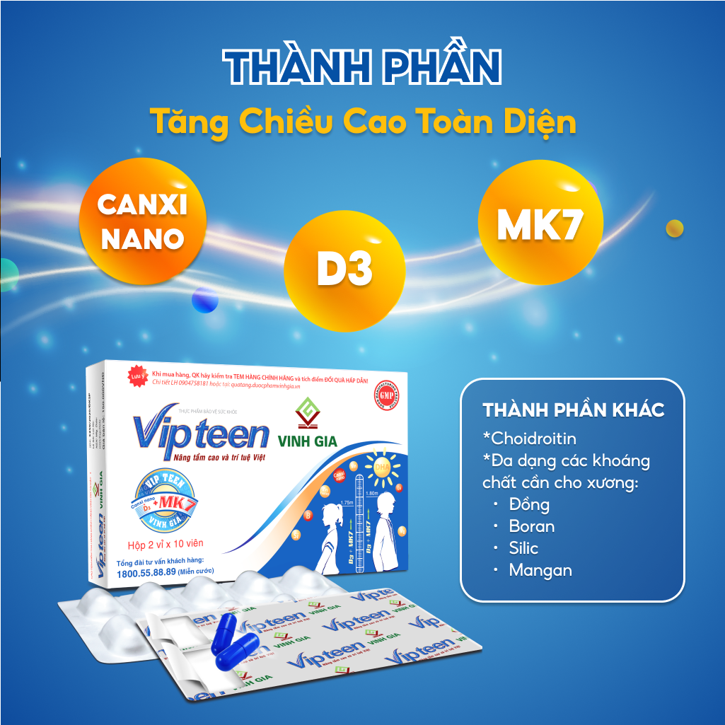 Viên Uống Hỗ Trợ Phát Triển Chiều Cao VIPTEEN VINH GIA Cho Trẻ 9 -18 tuổi (20 Viên)