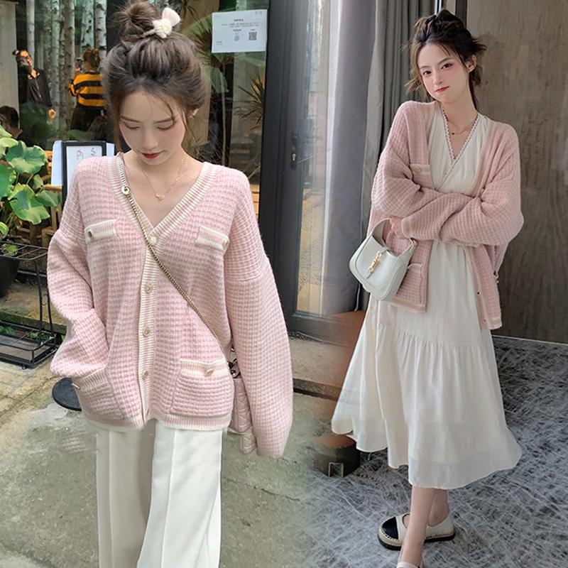 Áo cardigan khoác len nữ dệt kim dài tay basic đen trắng cổ V len nổi thời trang retro C-3