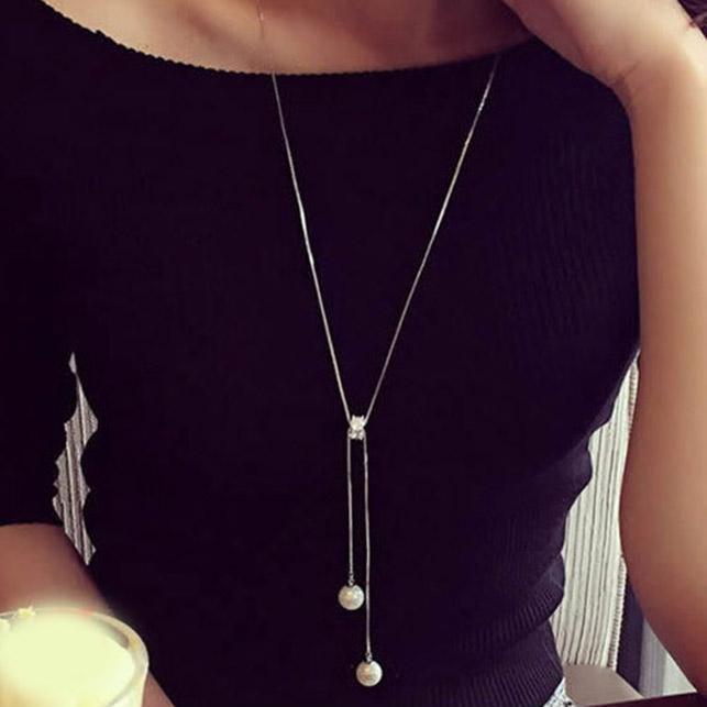 Dây chuyền dài 2 hạt ngọc thời trang