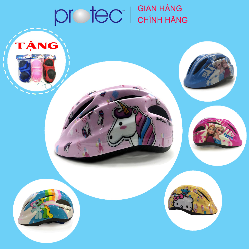 Nón Bảo Hiểm Xe Đạp Trẻ Em Protec Smile Cho Bé Gái, Họa Tiết Đáng Yêu, Năng Động, Có Đèn Hậu An Toàn - Hàng Chính Hãng - Pony Hồng - Size S
