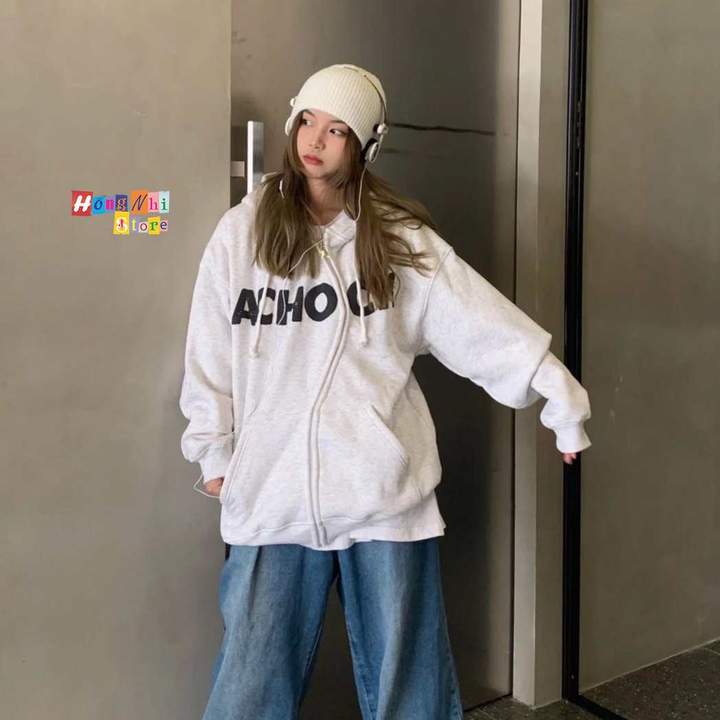 Áo Khoác Hoodie Zip Nỉ ACHOCK Tay Phồng Dây Kéo Dáng Rộng Nam Nữ Oversize Ulzzang Unisex - MM