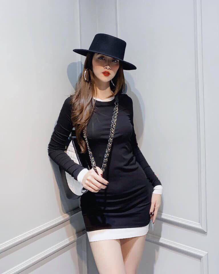 Đầm thun ôm phối màu đen trắng tôn dáng